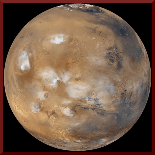 Water ice clouds hanging above Tharsis PIA02653 black background